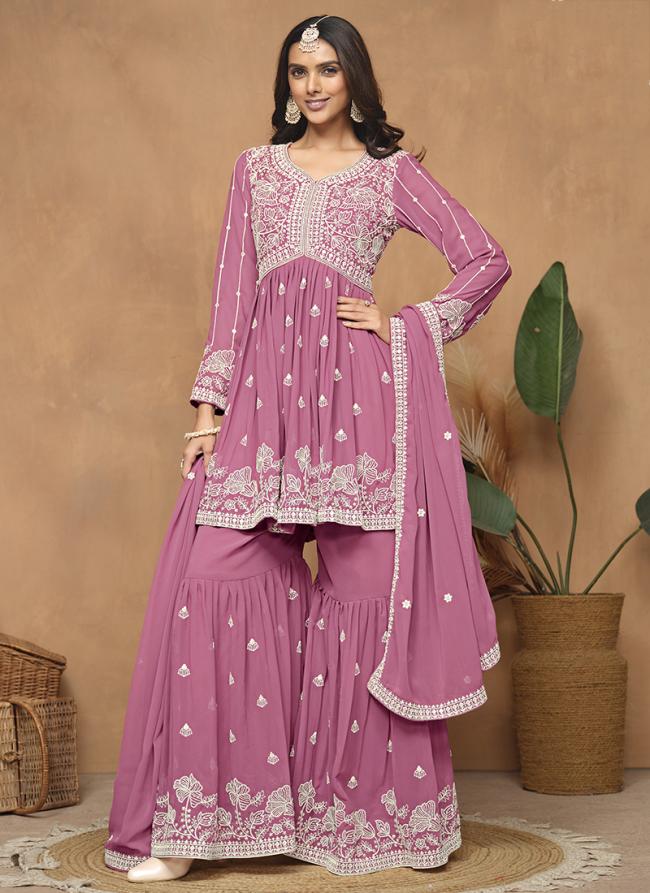 Faux Georgette Pink Wedding Wear Embroidery Work Sharara Suit